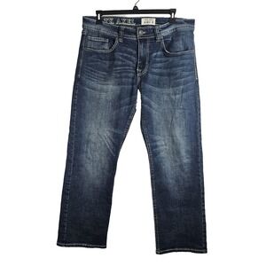 TK Axel Jeans Mens 38 x 30 Slim Bootcut Medium Wash Blue Embroidered Pocket EUC